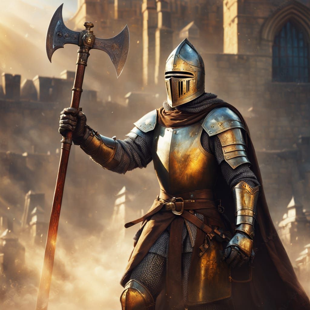 Knight Raising Axe in Medieval Oil Painting