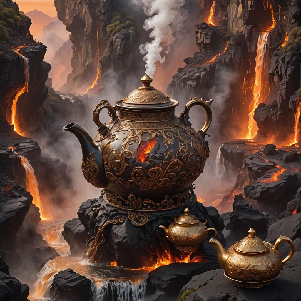 Colossal Teapot Atop Smoldering Volcano in Surreal Style