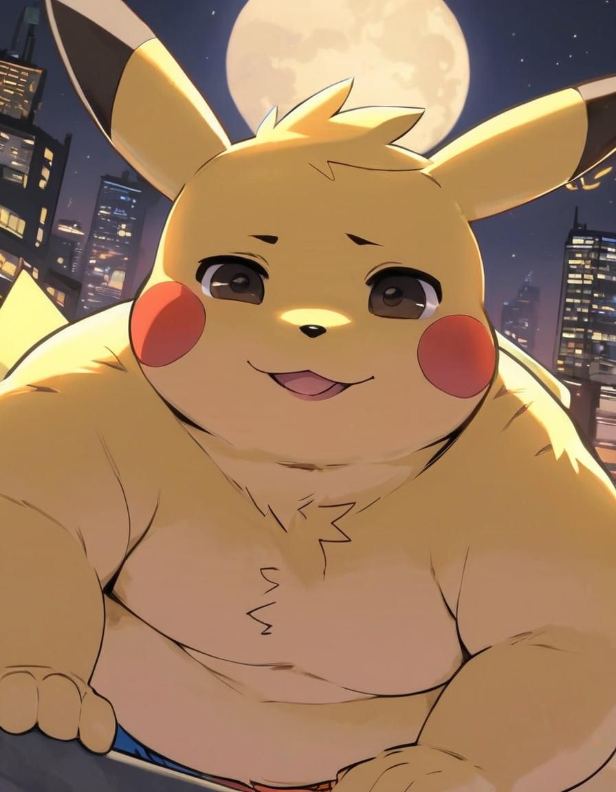 Anime Portrait: Sarcastic Obese Pikachu in Cityscape