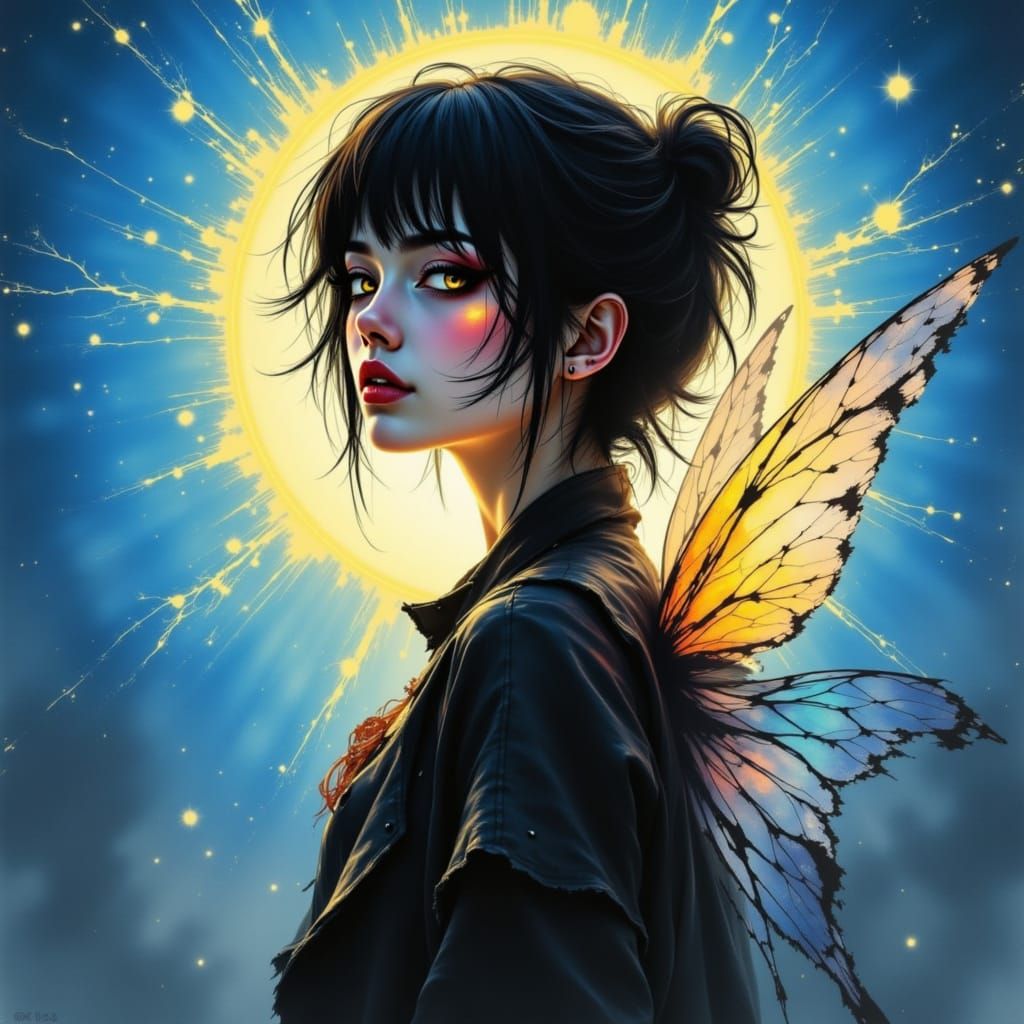 Japanese Ink Brush Style Fairy with Electric Blue Background