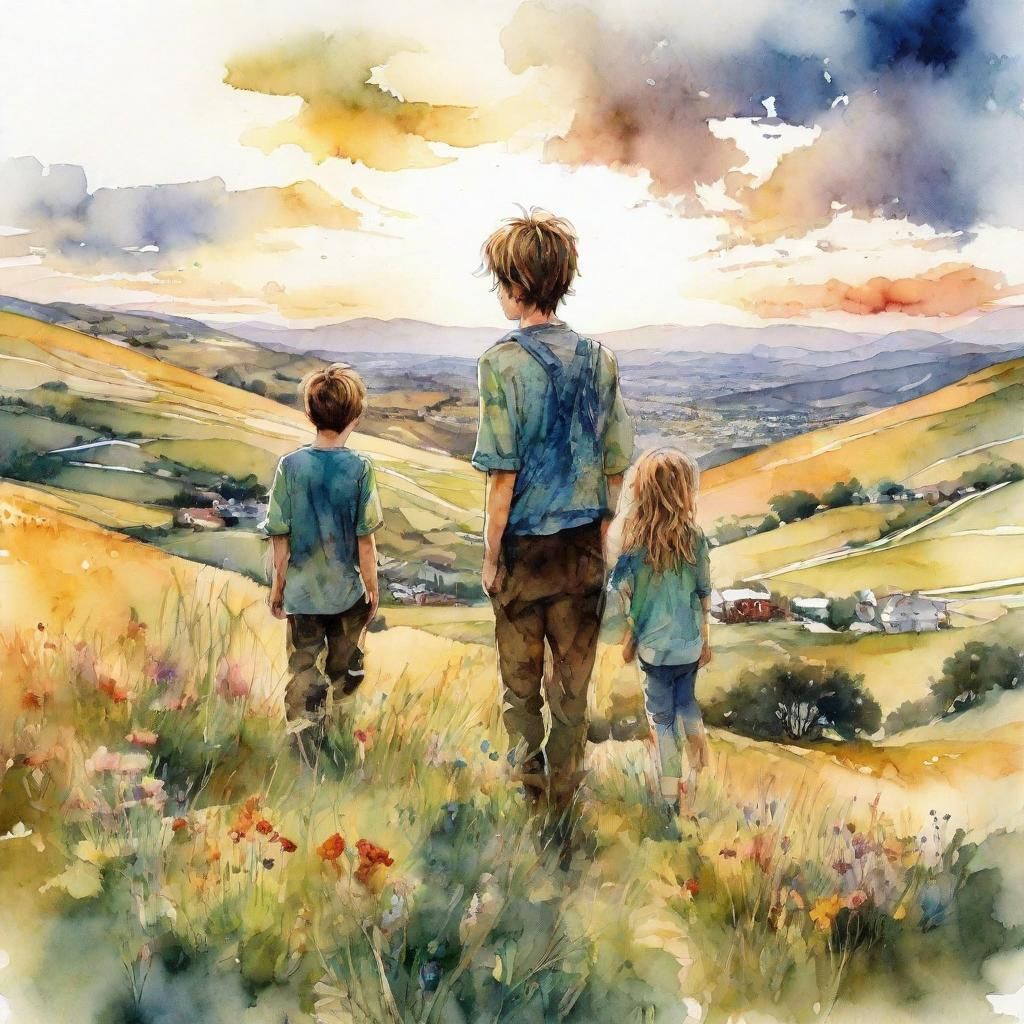 Watercolor Brothers Admire Valley at Sunrise