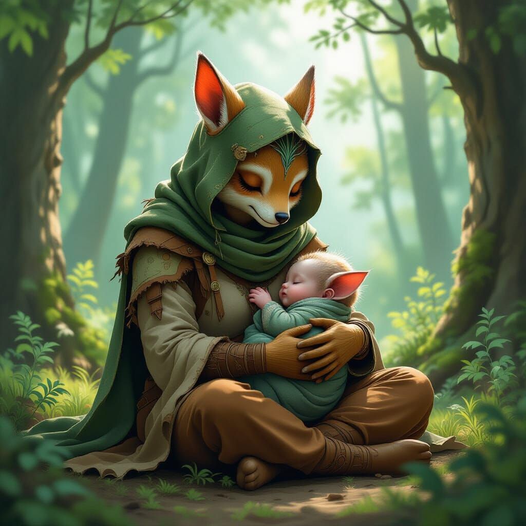 Mama and Baby Creature in Serene Forest