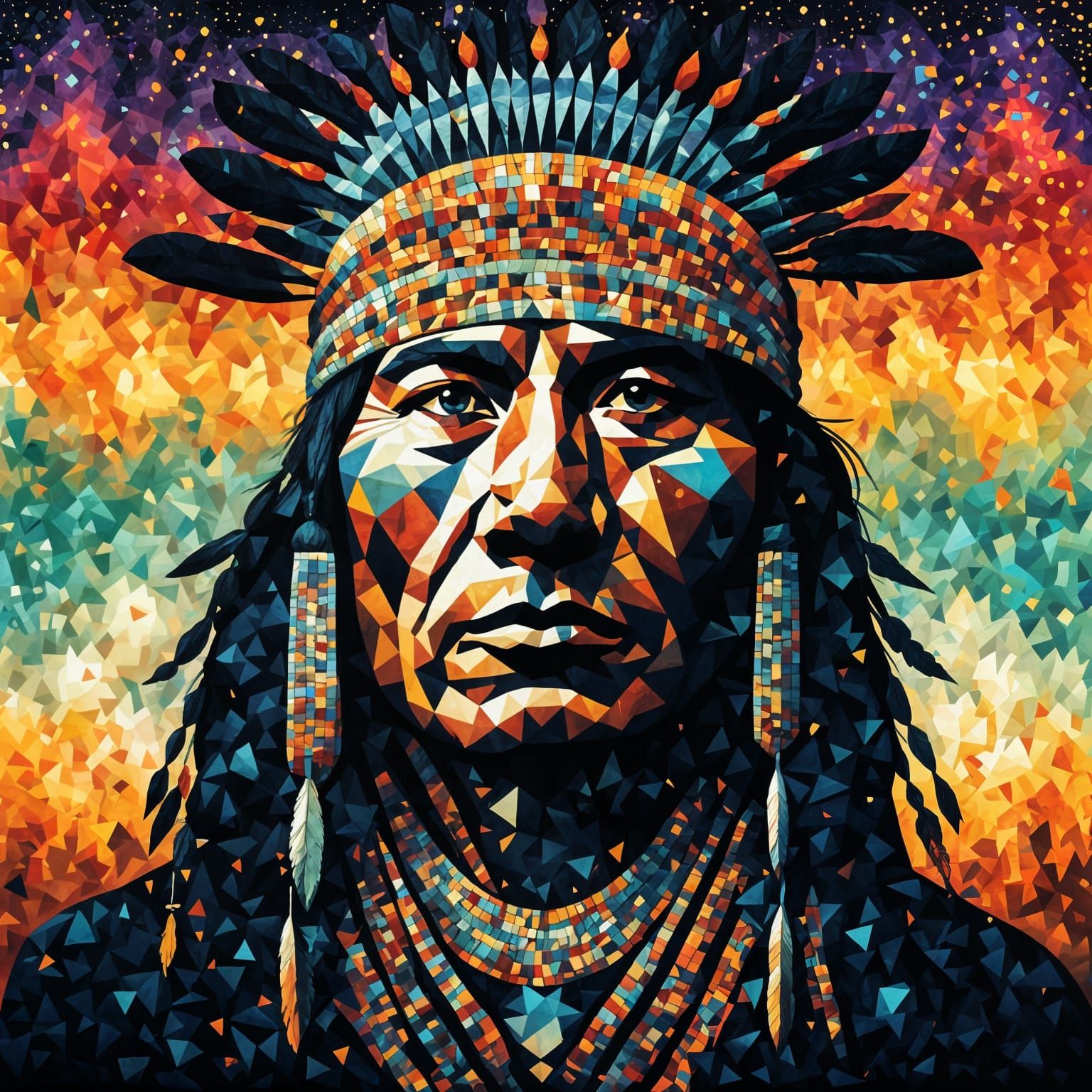 Native American Silhouette Portrait in Pointillism Style