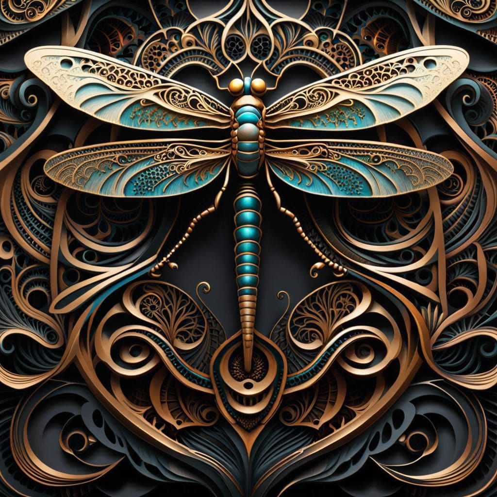 Intricate Zentangle Dragonfly with Fluid Tessellations
