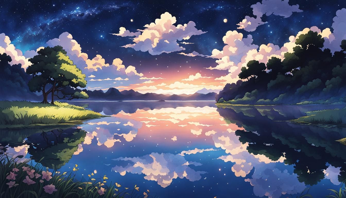 Night Sky Reflection in Lake: Anime Style