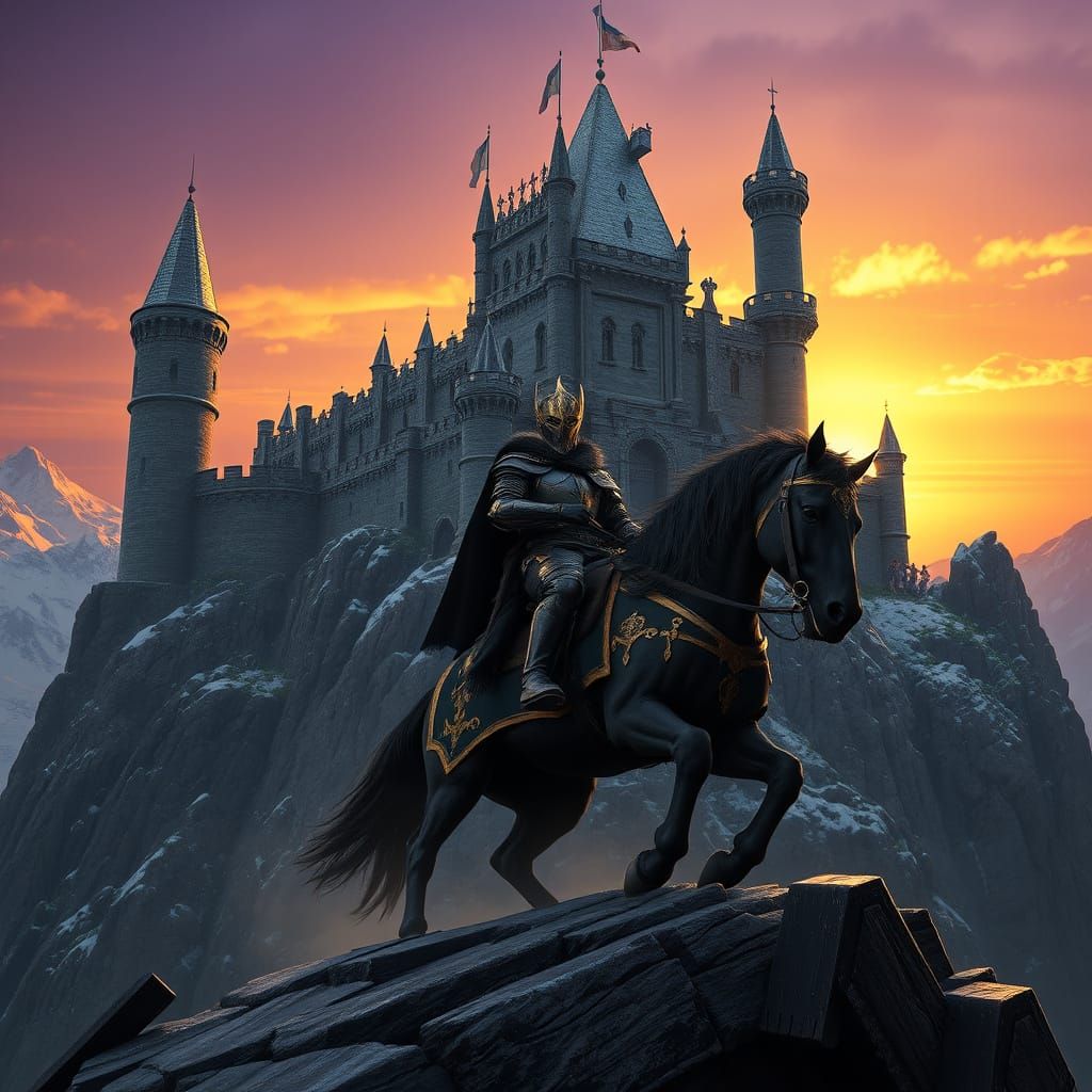Regal King on Snow-Capped Mountain Castle