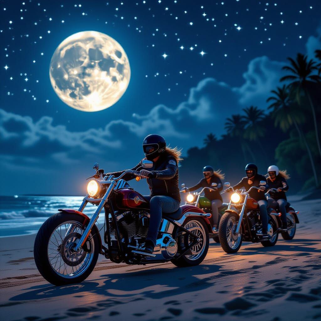 Chopper Riders on Moonlit Beach in Photorealistic Style