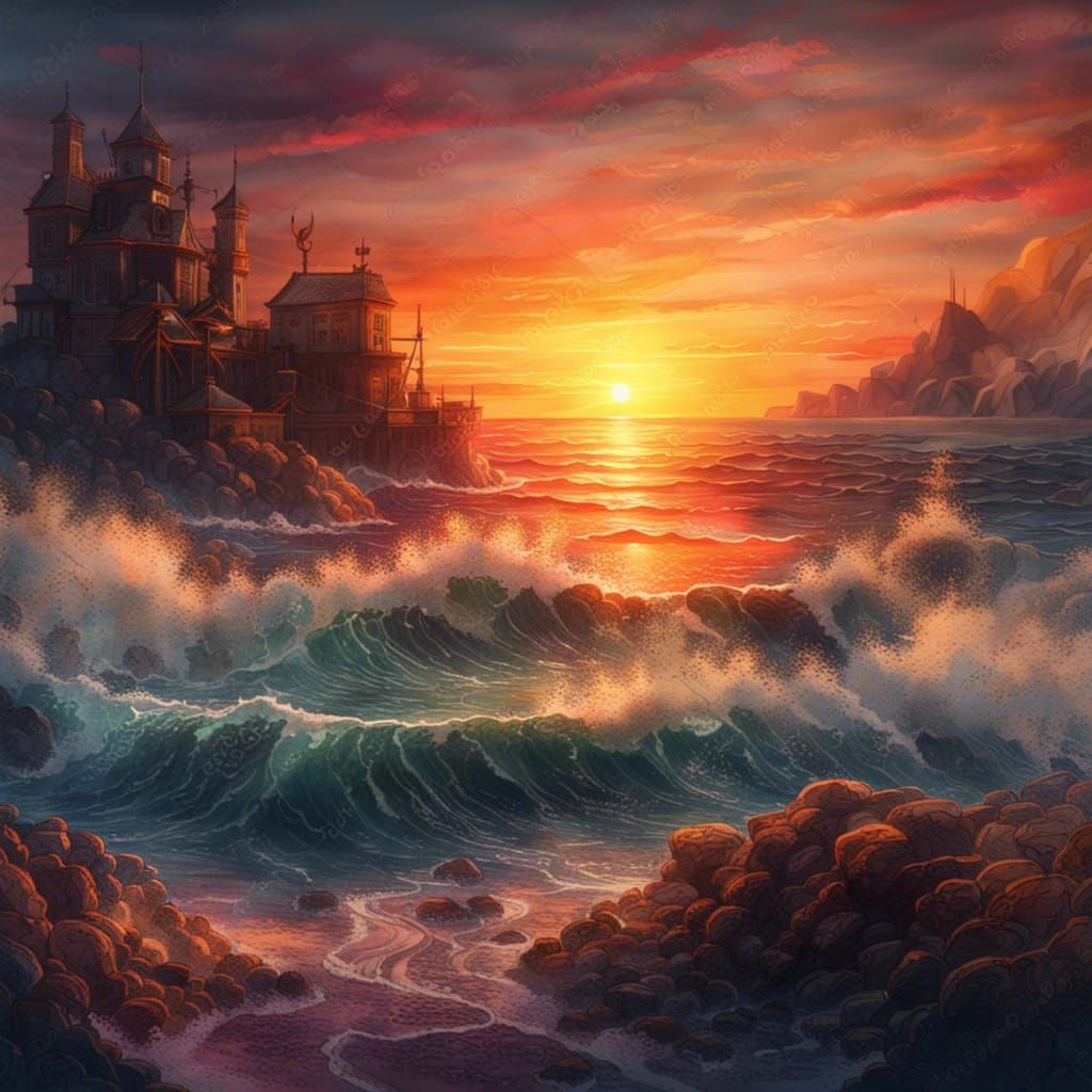 Seascape Sunset in Watercolor Art Style