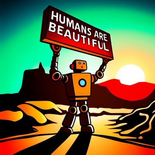 Robot Holding "Humans are Beautiful" Sign at Sunrise