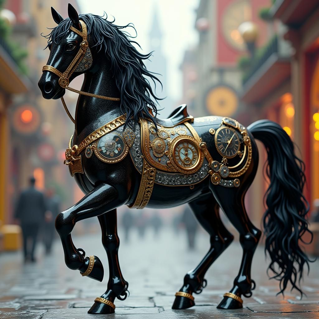 Steampunk Black Glass Morgan Horse in Clockwork Cityscape