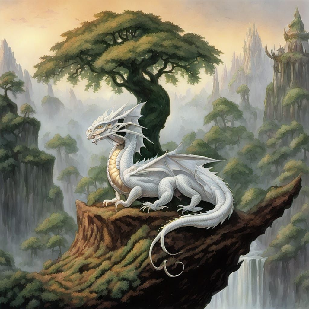 Whimsical White Dragon Basks Under Tree of Life in Golden Ho...