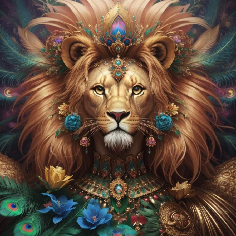 Lion Head with Peacock Feathers and Jewels