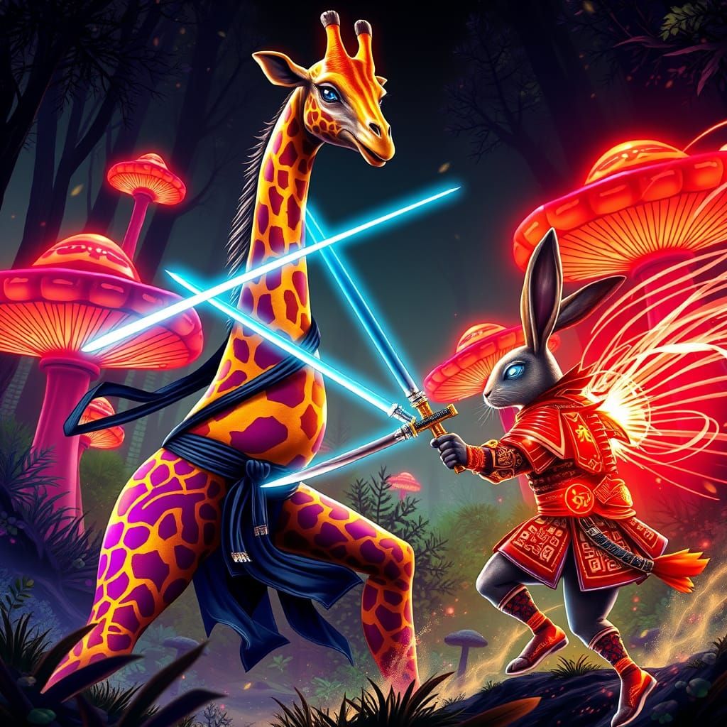 Vibrant Ninja Giraffe Battles Samurai Rabbit in Psychedelic...
