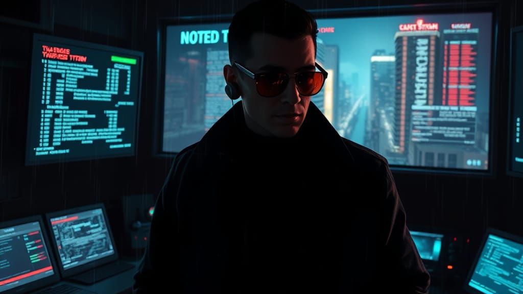 Cyber Operative in Neon Control Room, Blade Runner Style