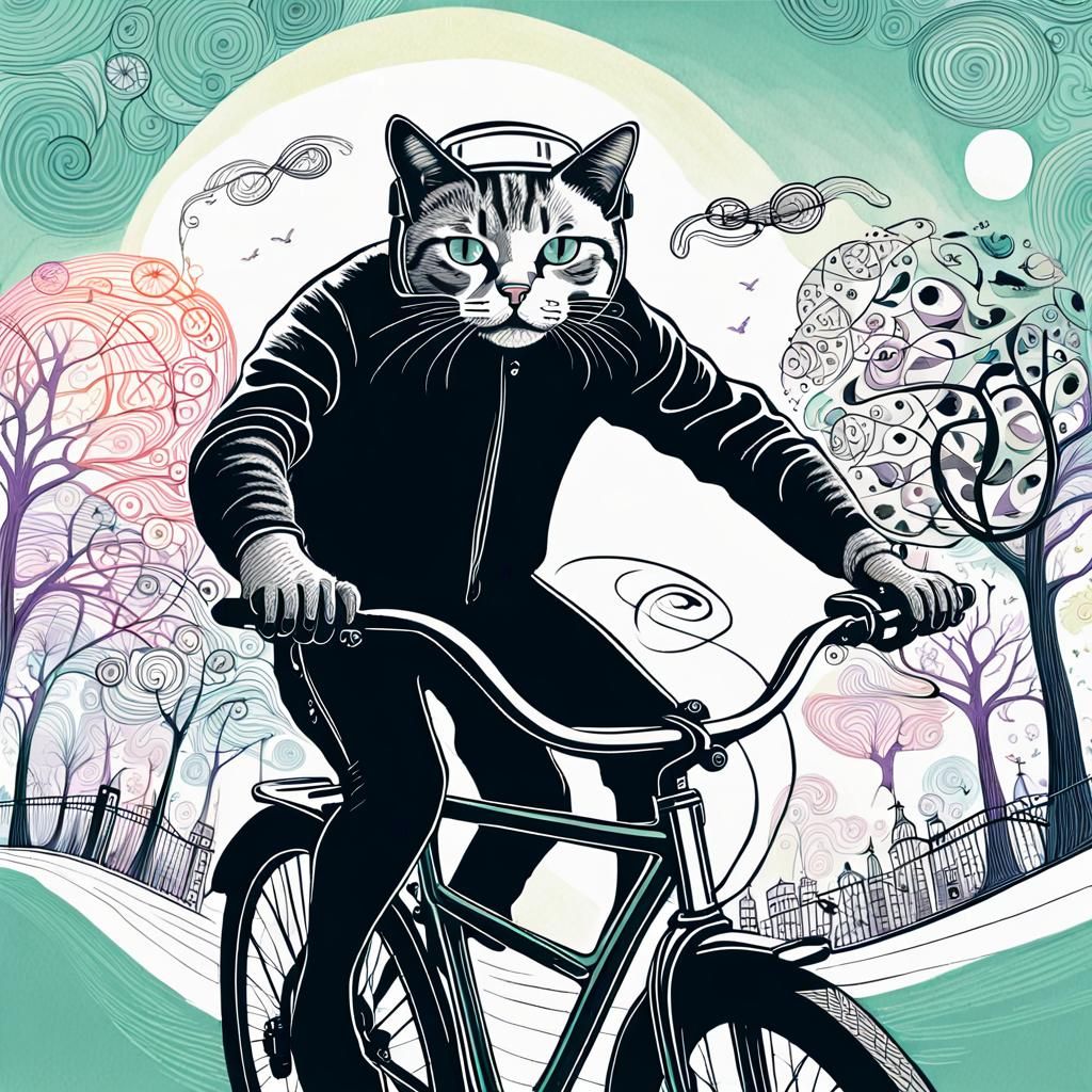 Playful Cyclist Cat in Whimsical City Park