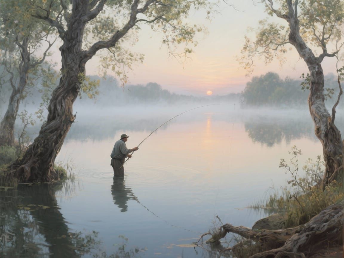 Tranquil Dawn Lake: Fisherman in Misty Sunrise