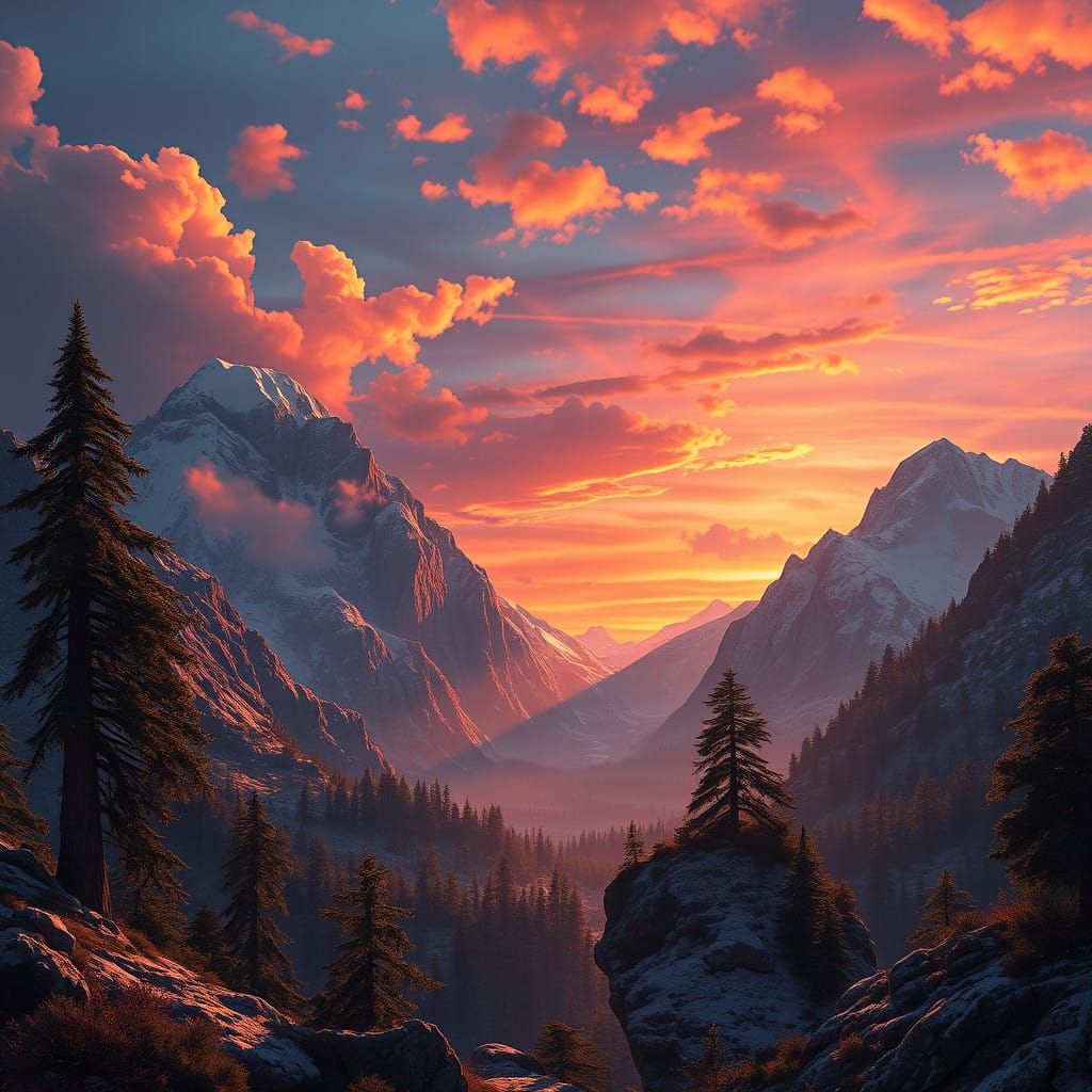 Fantasy Sunset Amidst Majestic Mountains in Meticulous Matte...