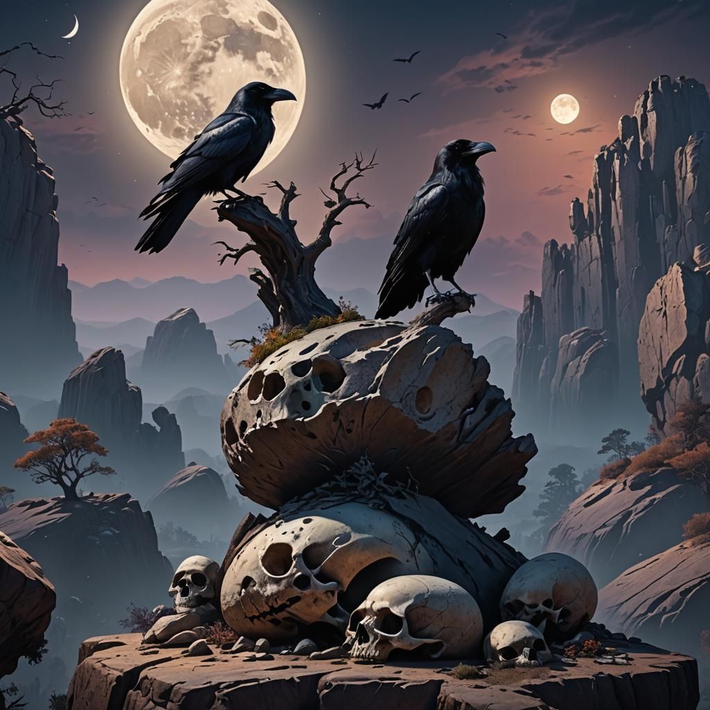 Raven on Skull with Moon, Detailed Matte Painting