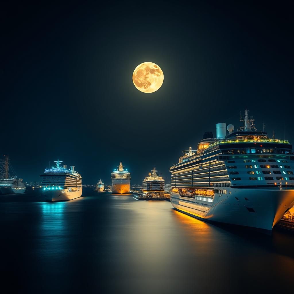 Moonlit Cruise Ships Arriving at Miami Port