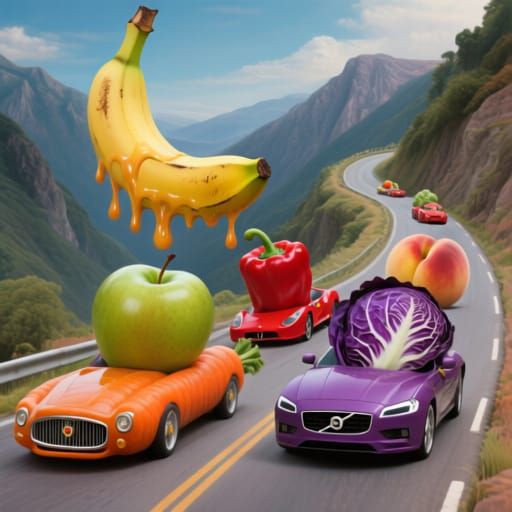 Fruits Driving Vegetable Cars in Surreal Style