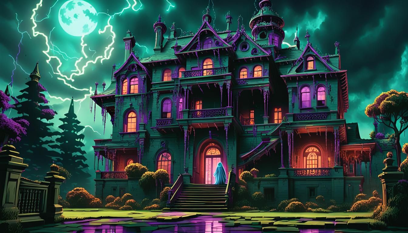 Creepy Haunted House Pixel Art with Ghostly Figure