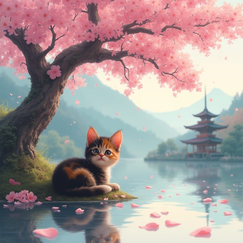 Kitten Sleeping Under Sakura Tree in Watercolor Style