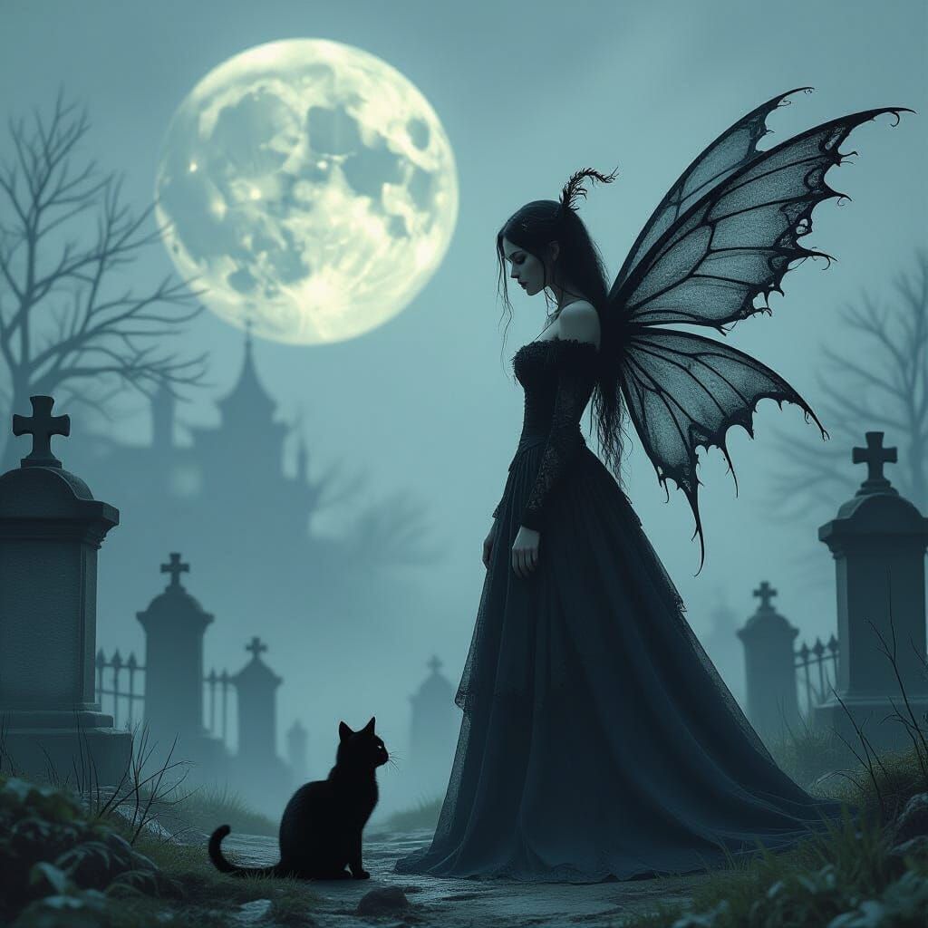 Gothic Fairy in Misty Cemetery Under Full Moon