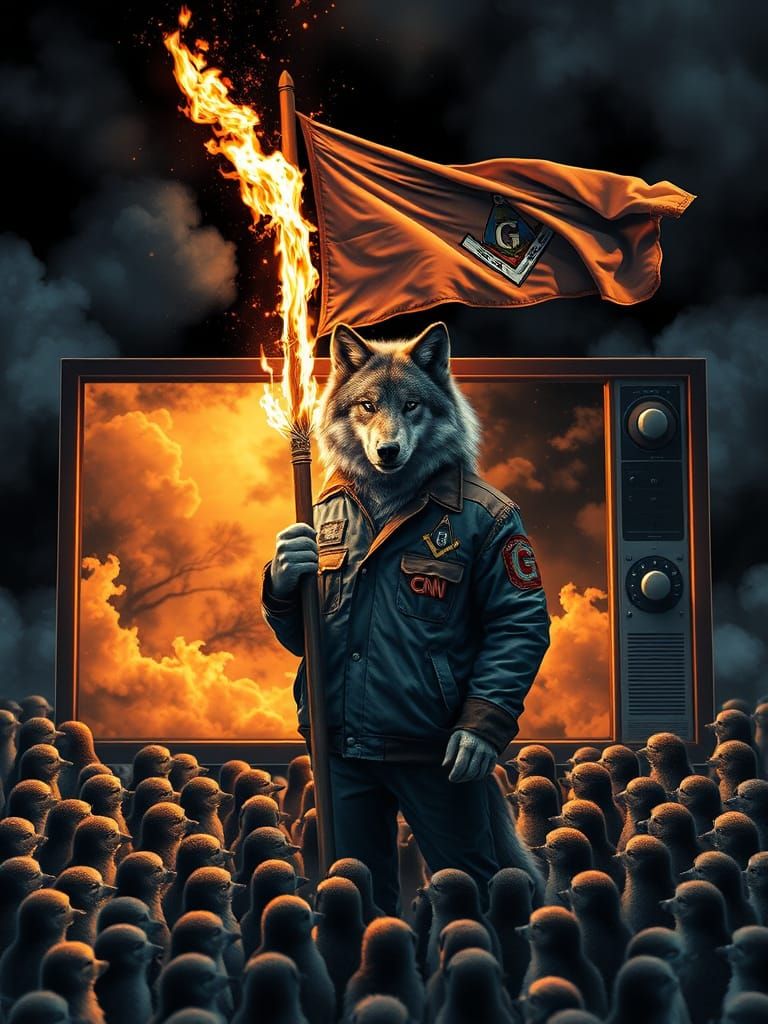 Wolf in Media Aura Holding Flaming Flag - Alcohol Ink Art