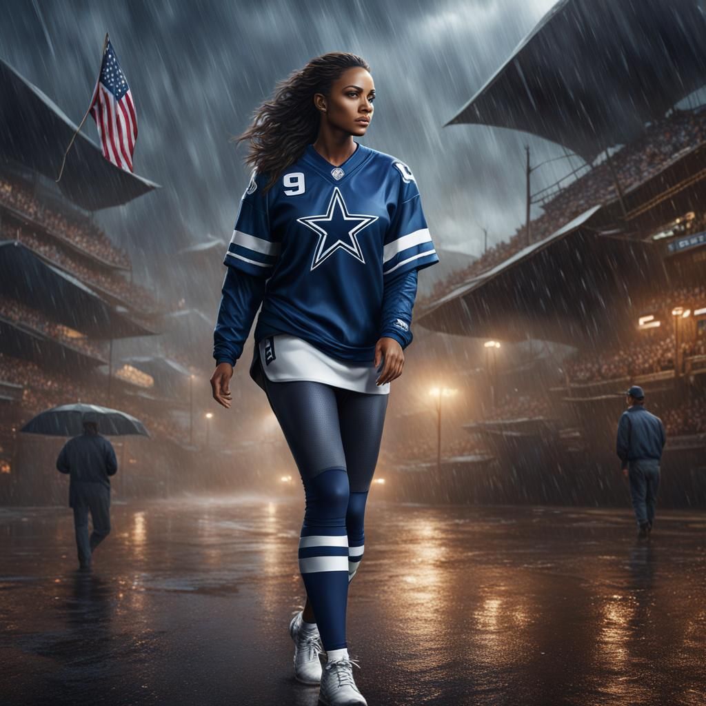 Woman in Cowboys Jersey Walks in Rain