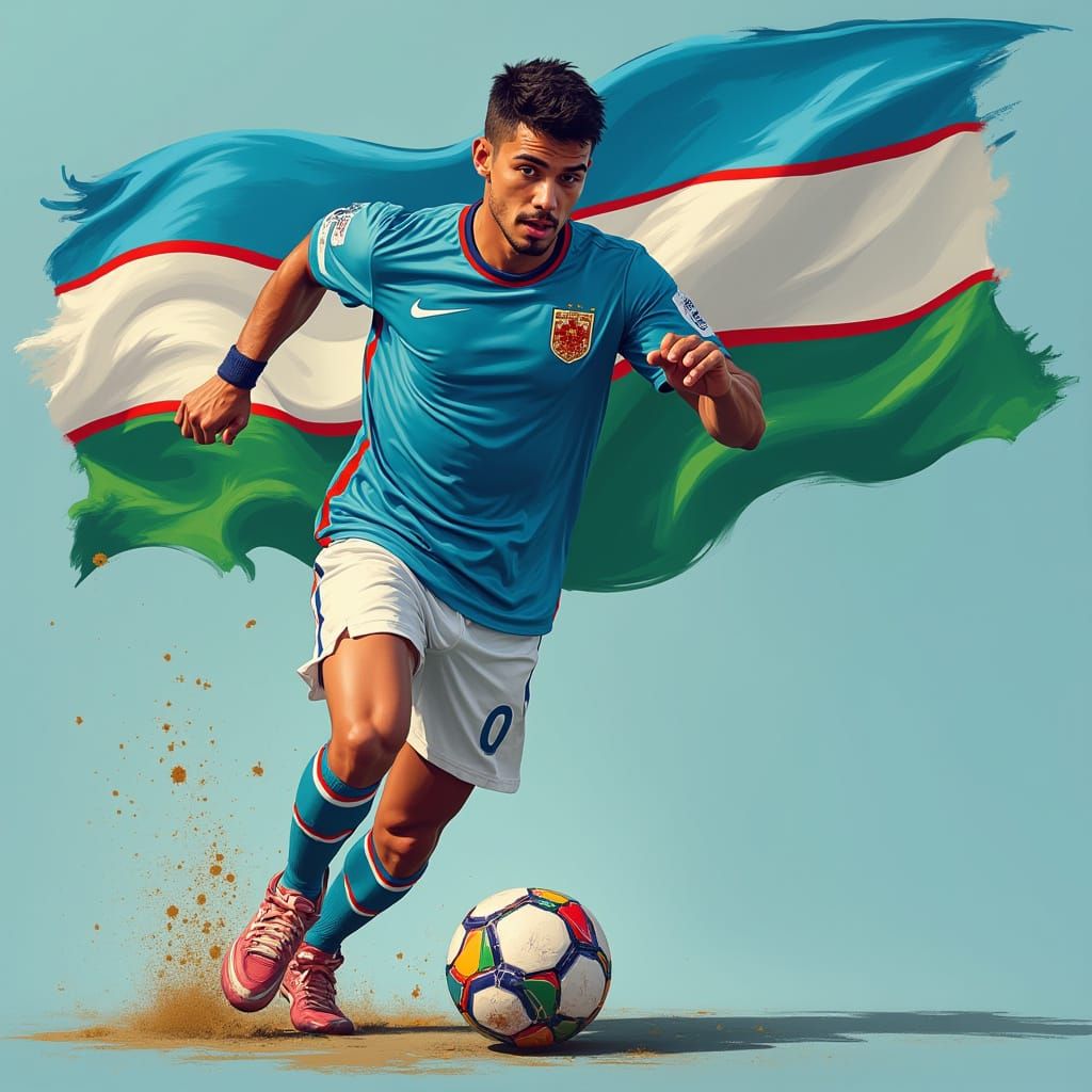 Uzbek Football Player with Flag in Digital Art Style