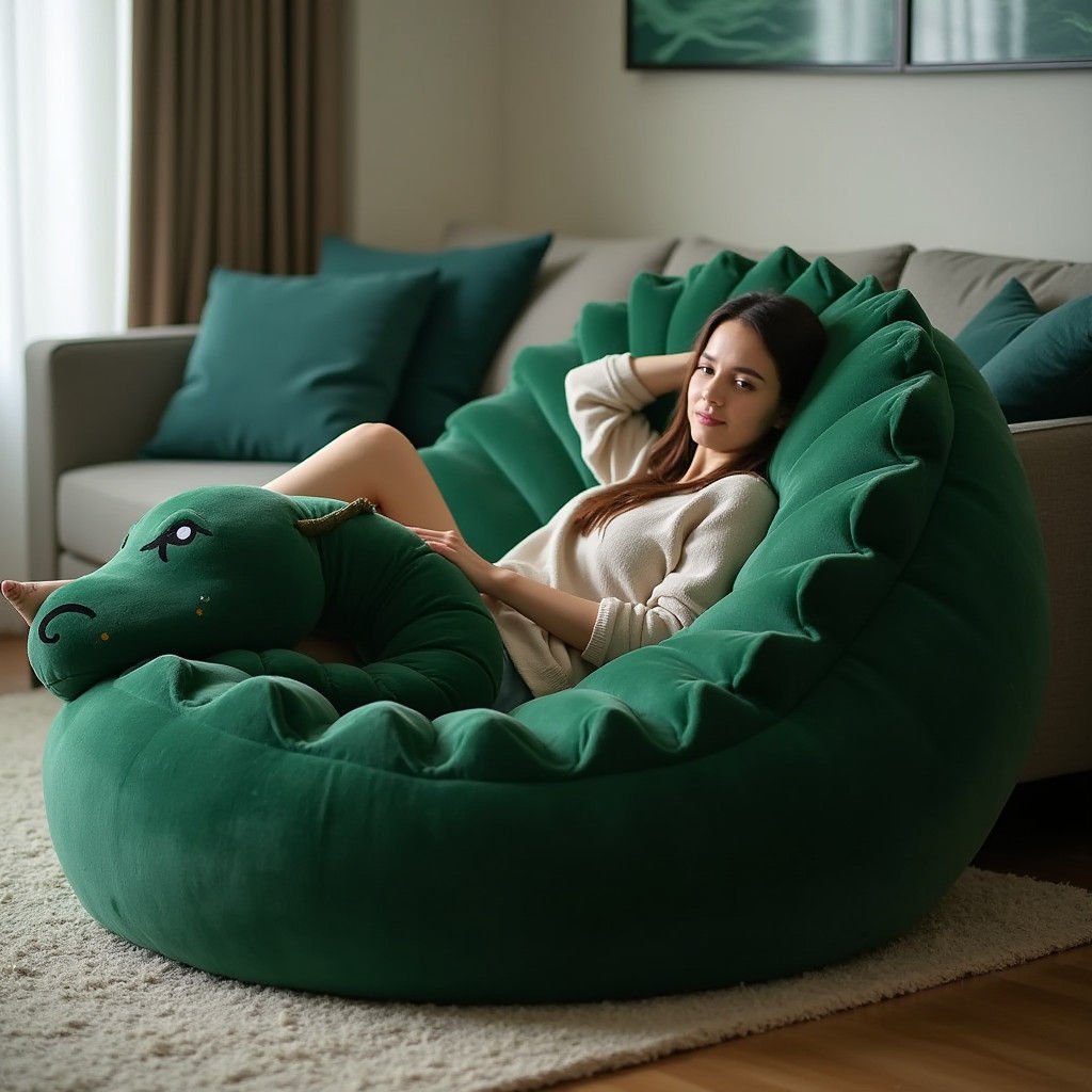 Woman Lies on Dark Green Dragon Sofa in Modern Living Room