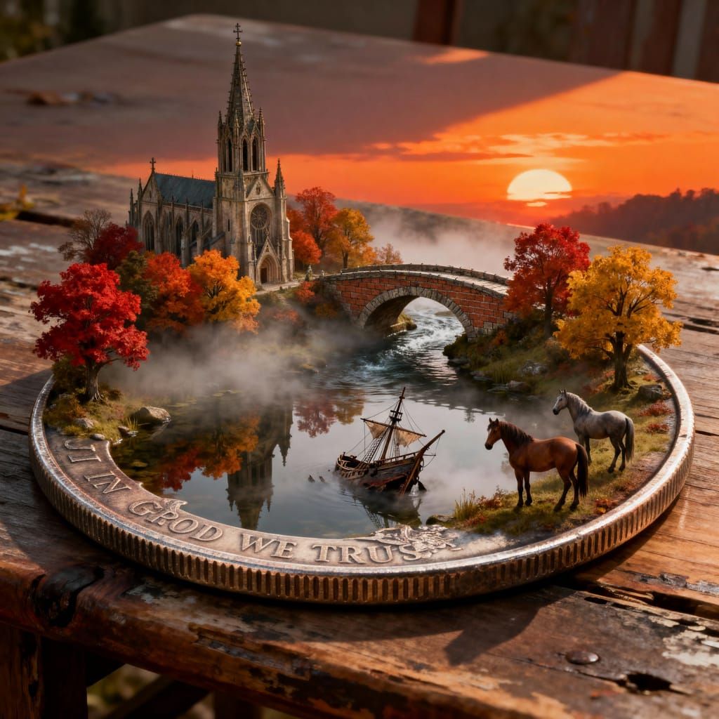 Magical Medieval Cathedral Landscape Inside a Coin