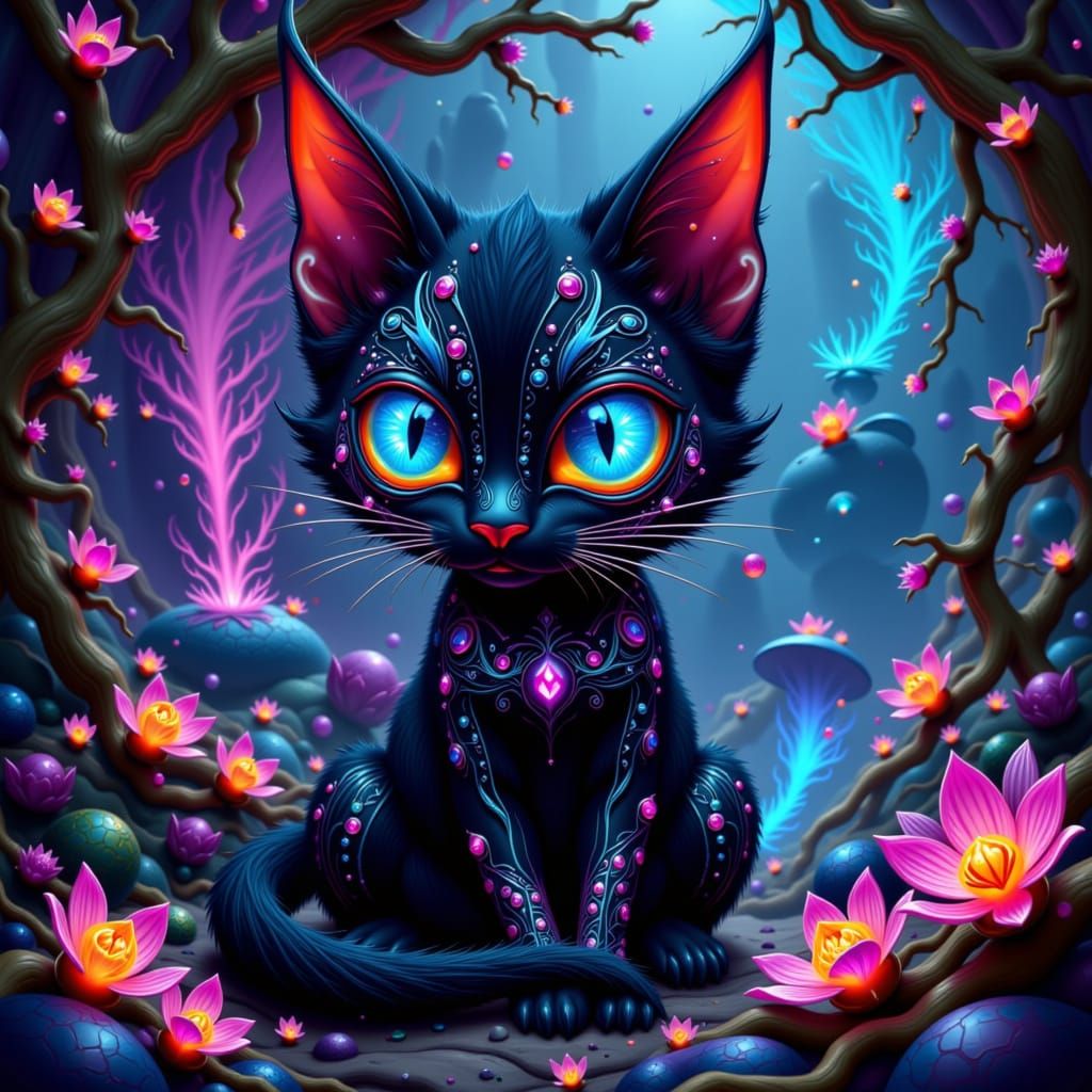 Bioluminescent Cat in Dreamlike Portal Landscape