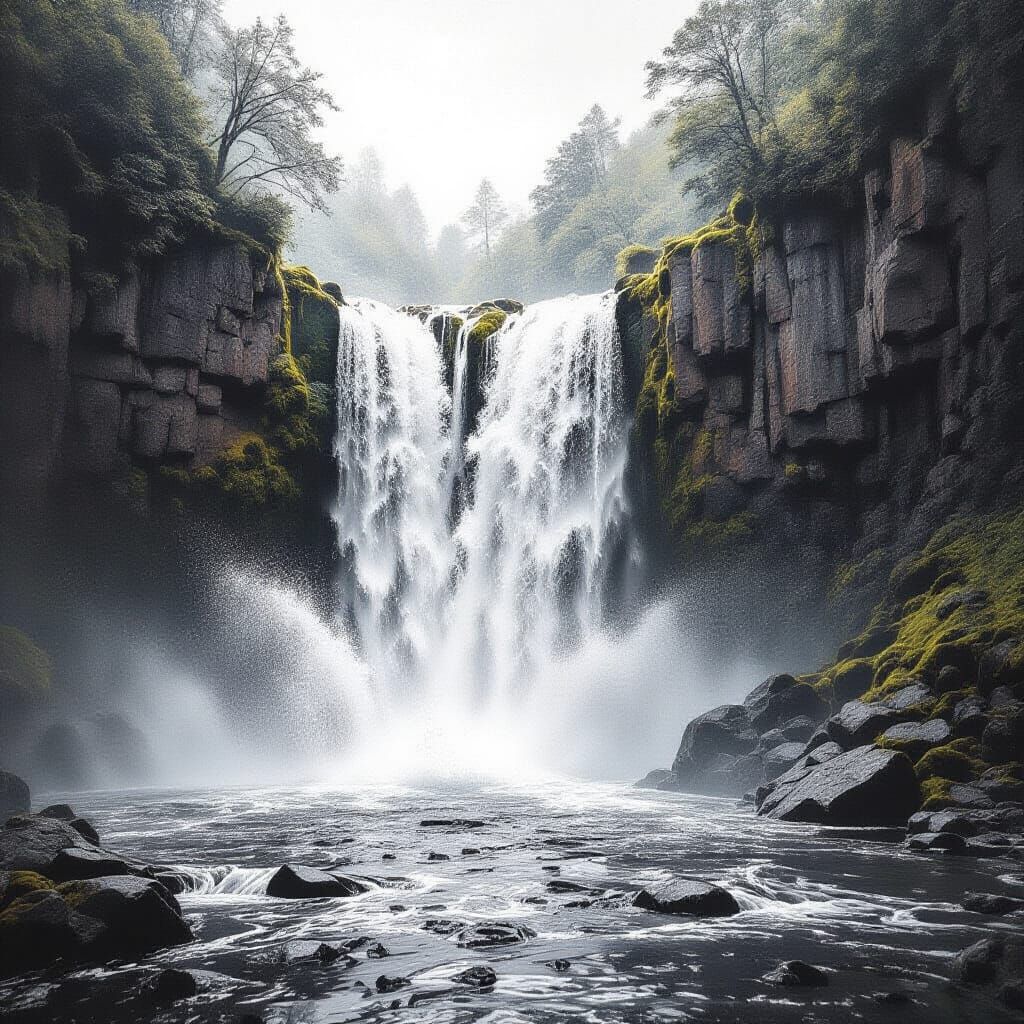 Hyper-Detailed Charcoal Sketch of a Splashing Waterfall