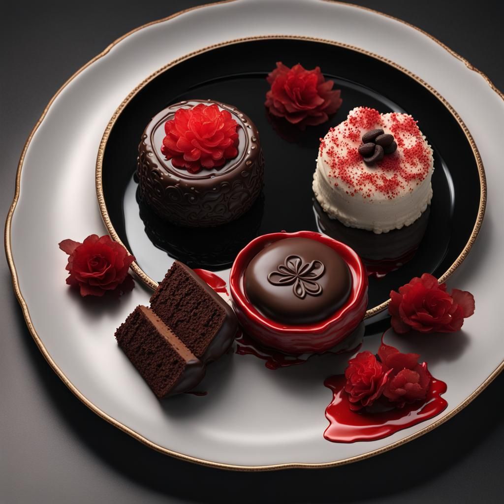Exotic Chocolate Cakes on Red Tray: Photorealistic