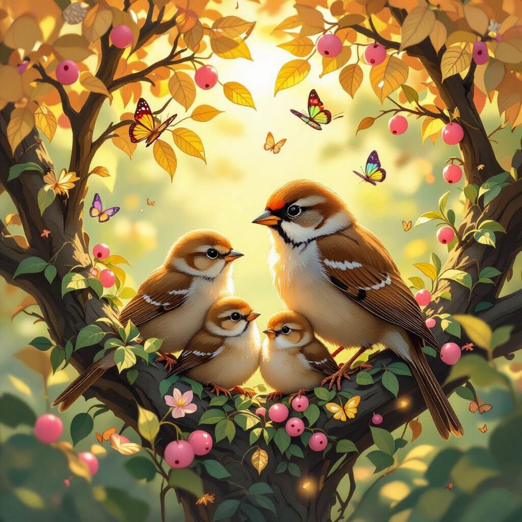 Sparrow Family in Art Nouveau Style