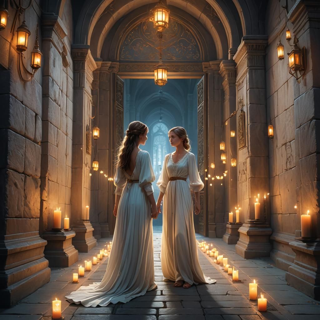 Ethereal Girl in Lantern-Lit Hallway: Fantasy Art