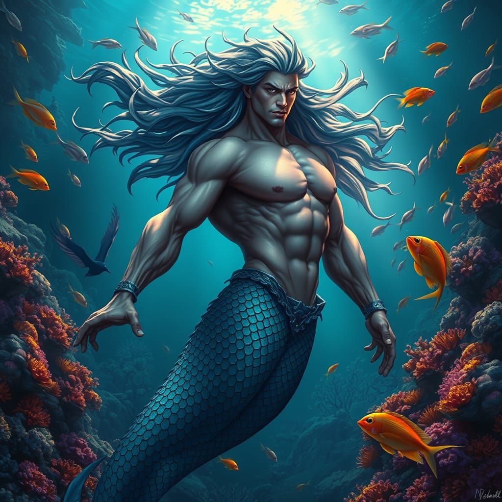 Chiseled Mermen Pose Heroically in Vibrant Oceanic Landscape