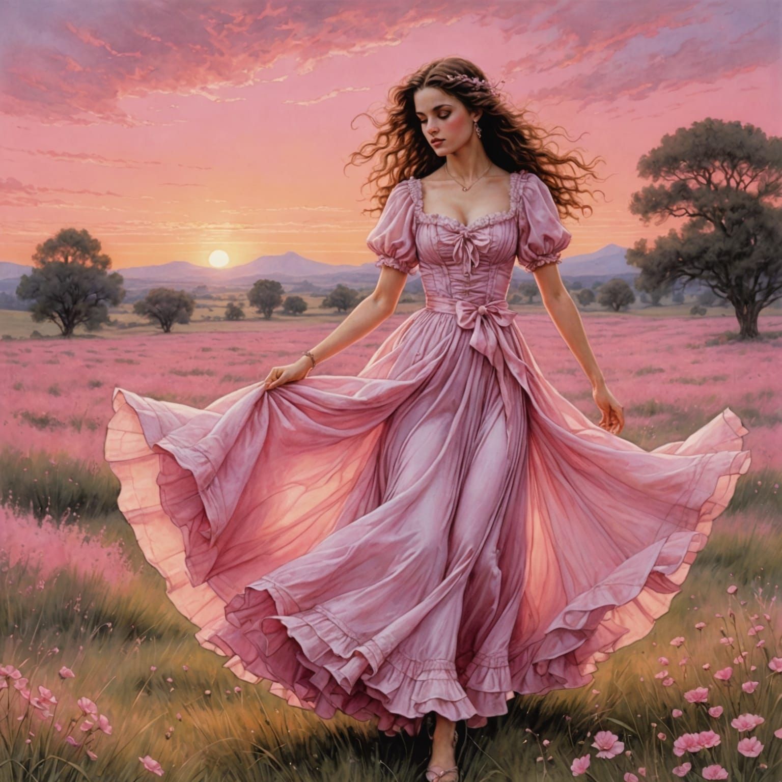 Pink Sunset Dance: Pastel Book Illustration