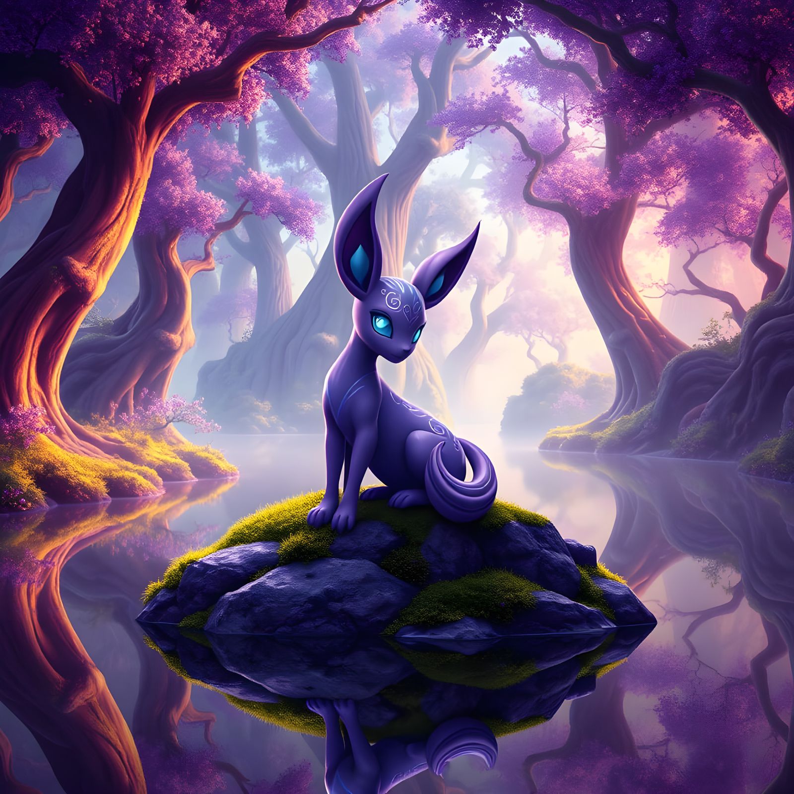 Hyperrealistic Sylveon in Purple Forest Landscape