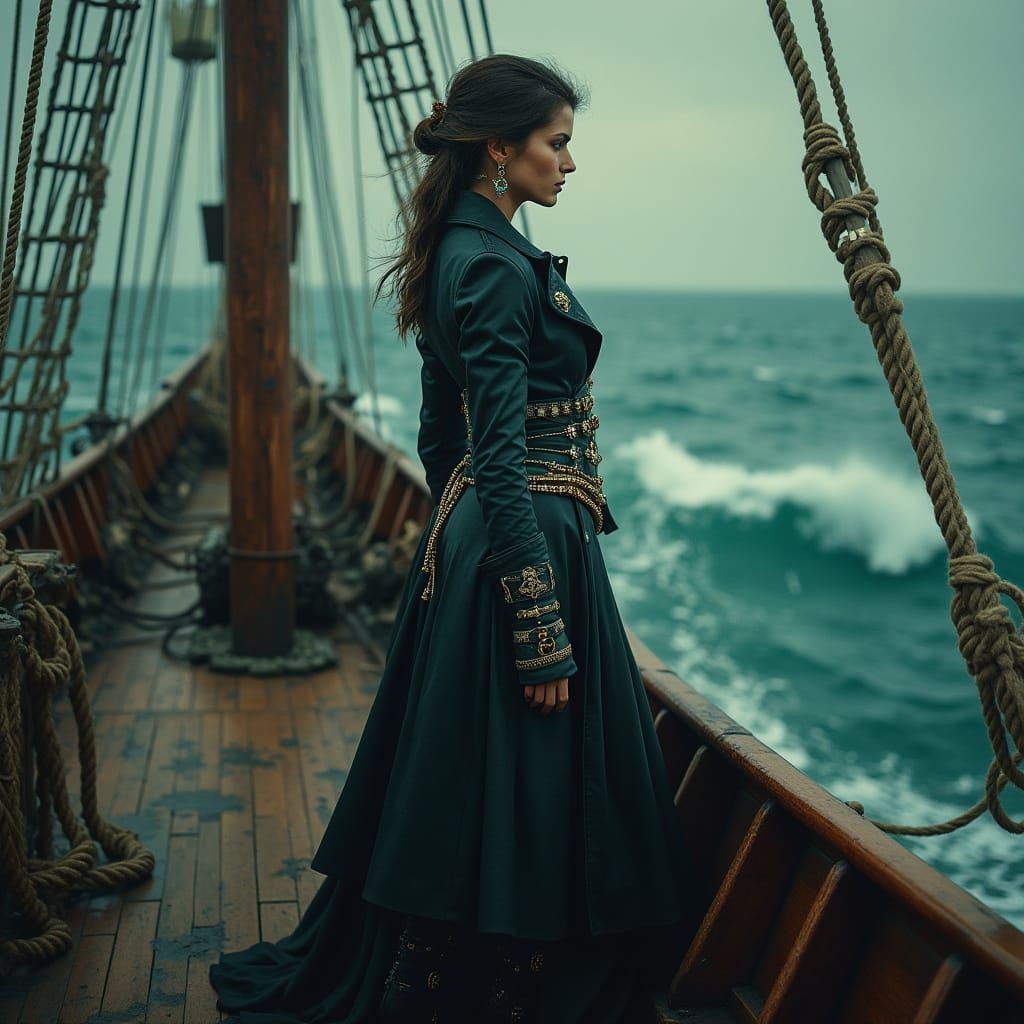 High-Fashion Pirate Captain Amidst Stormy Seas