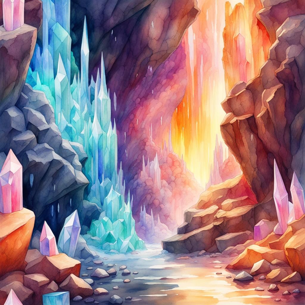Vibrant Crystal Cave in Watercolor Style