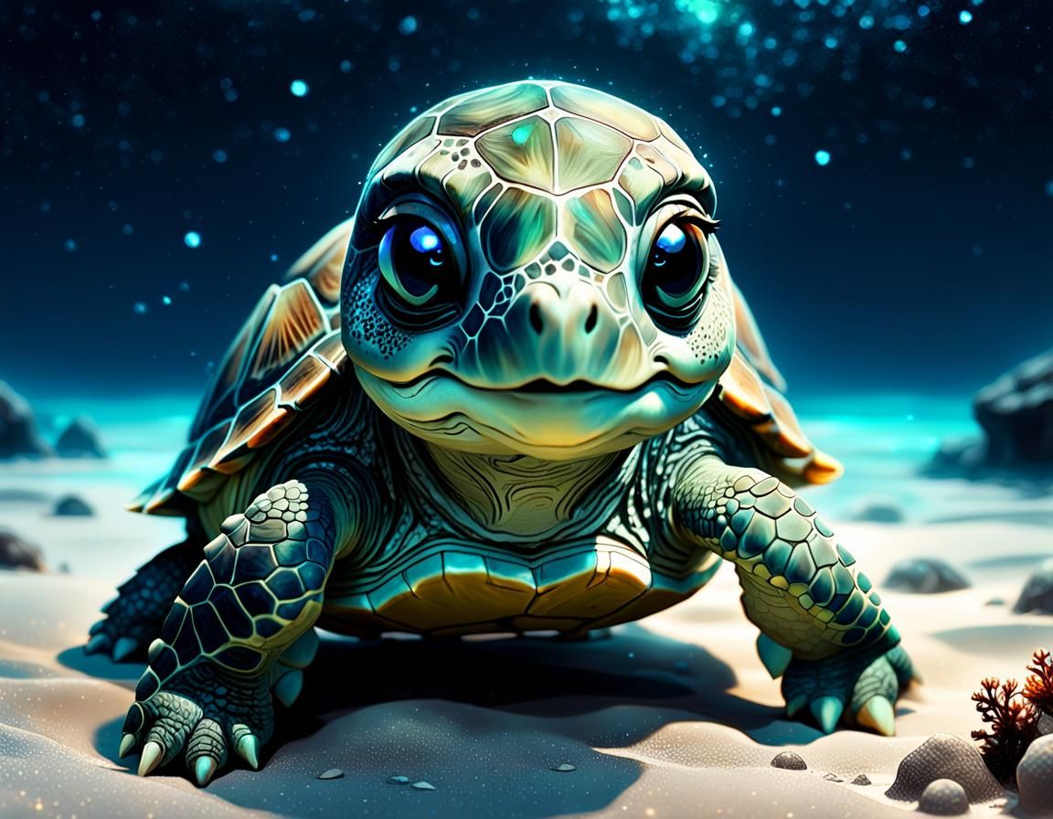 Adorable Carbon Chibi Sea Turtle in Starry Skies