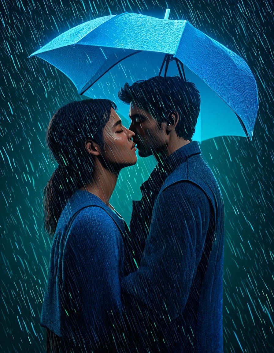 Romantic Couple Shares Tender Kiss in the Rain, in Vibrant C...