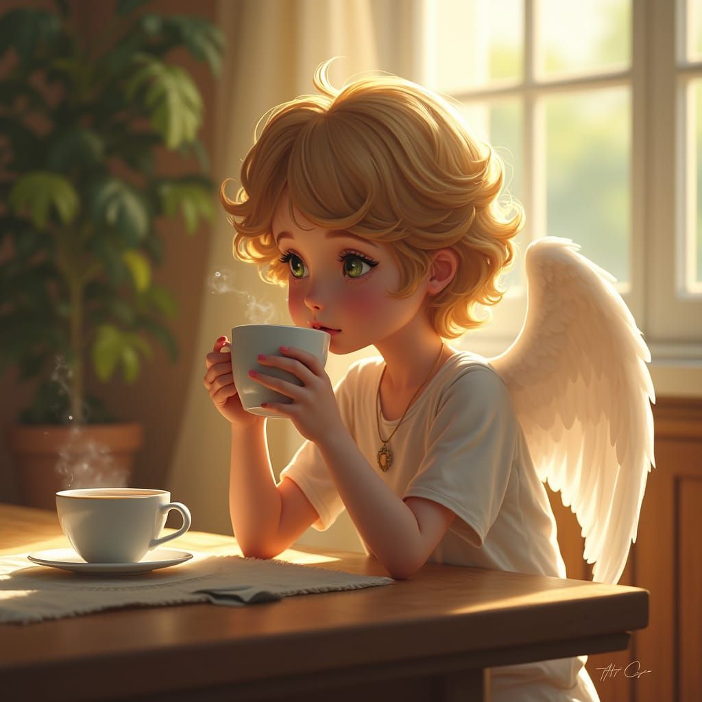 Angel Drinking Coffee in Morning Light