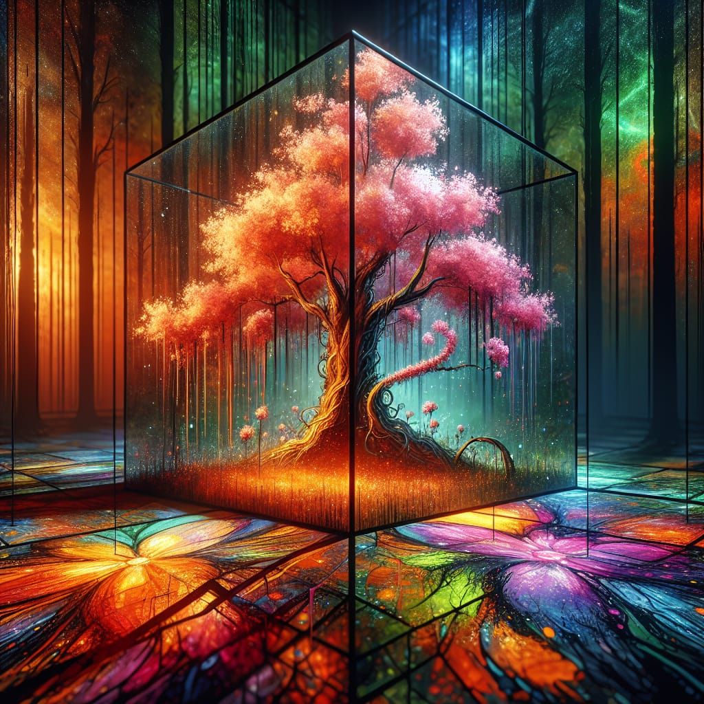 Cherry Blossom Tree in Glass Cube with Graffiti Art