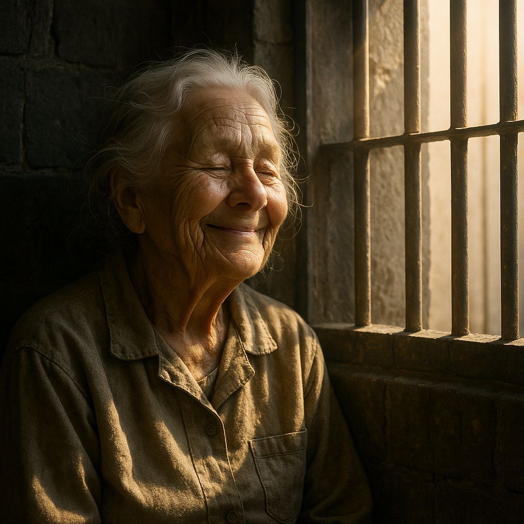 Contented Old Woman in Prison Cell