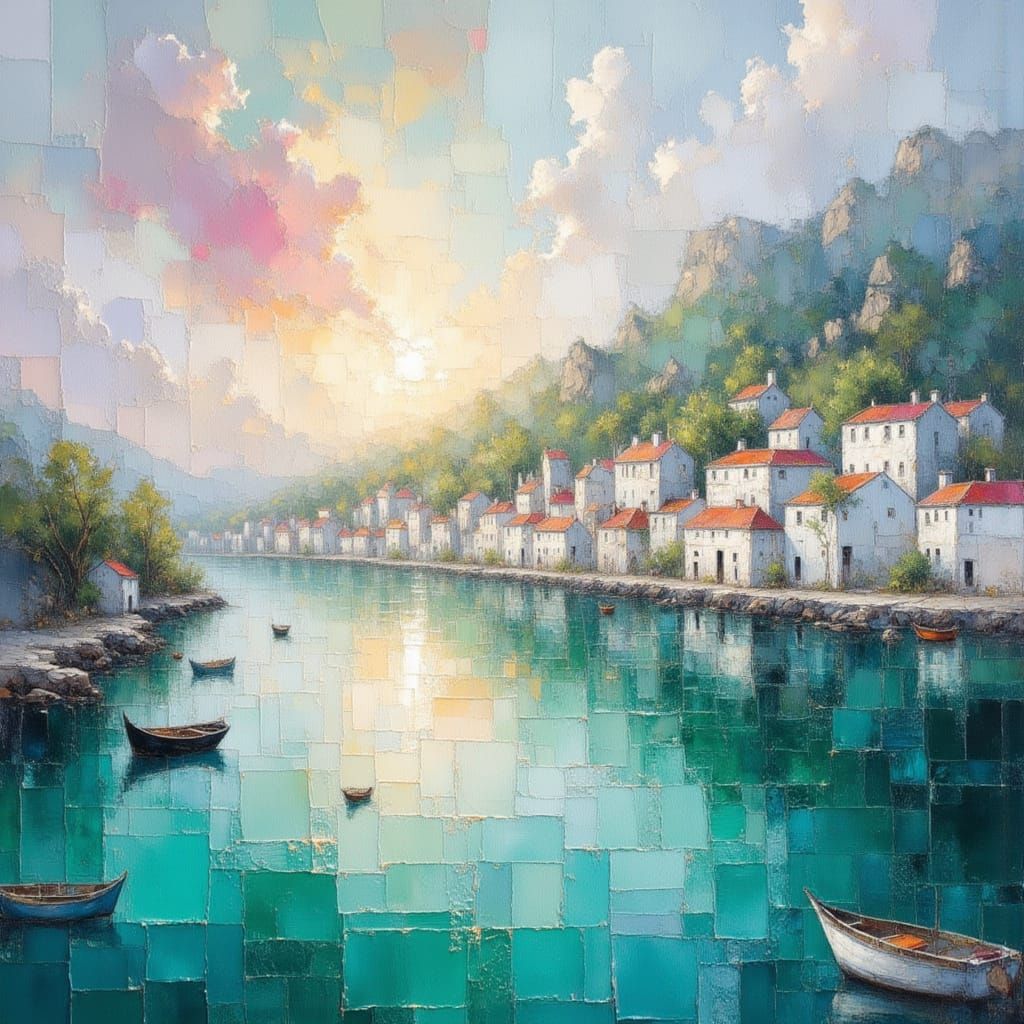 Impasto Painting of a Quiet Fishing Village