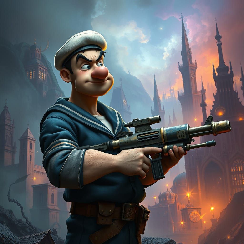 Popeye Wields a Weathered Machine Gun in a Mystical Cityscap...