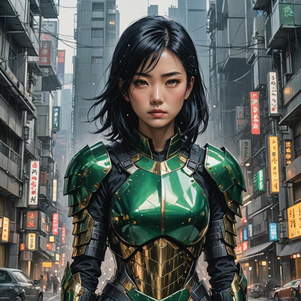Armored Woman in Neo-Tokyo, Detailed Digital Art